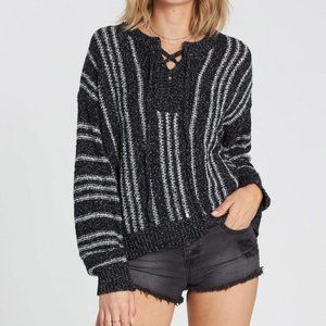 Billabong ~ new ~Black Yeah Bouy Long Sleeve Striped Lace- Up Sweater in Small